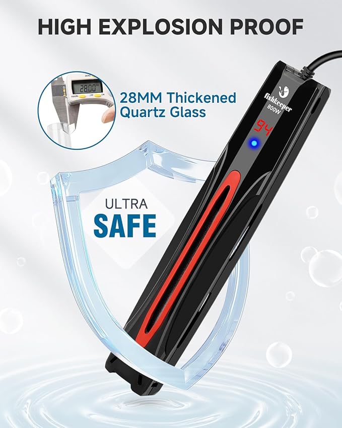 fishkeeper 800W Submersible Aquarium Heater for 80-220 Gal Fish Tanks (Run-Dry/Overheat/Low-Temp Protection)(Precision Electronic Smart Thermostat)(Adjustable Temperature) Ultra-Safe Fish Tank Heater