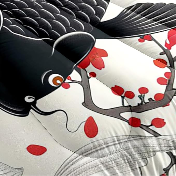 Japanese Bedding Twin Size Asian Oriental Comforter Black White Fish Bed Set Red Cherry Blossom Comforters Vintage Bedroom Decor Floral Bedding Set for Women Men Teen