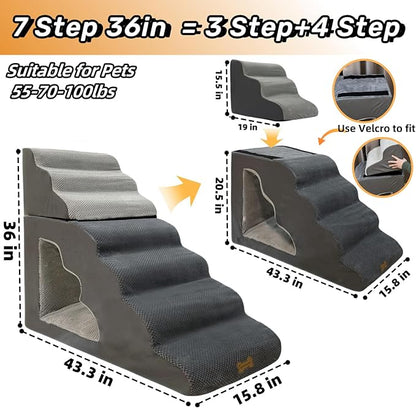 7-Step Dog Stairs for 36 Inch High Beds Small Dogs, Pet Ramp Stairs 20-42 Inch Couch Bed, Non-Slip Balanced Stairs 75lbs for Small Old Large Dogs Cats to Get on Bed