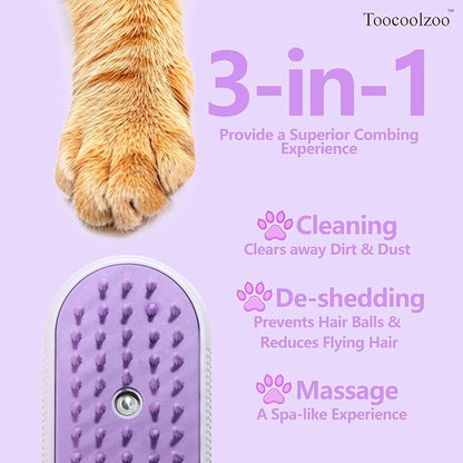 3-in-1 Cat Steam Brush, Rechargeable Cat Brush with Steam, Spritz Defur Comb for Dogs, Spritz Defur Comb for Cats (Purple)