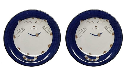 JapanBargain 2560, Set of 2 Japanese Round Porcelain Appetizer Plate for Dessert Cake Snack Maneki Neko Smiling Lucky Cat Pattern for Cat Lovers, Made in Japan, 6.5-inch, Blue Color