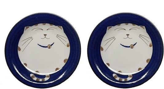 JapanBargain 2560, Set of 2 Japanese Round Porcelain Appetizer Plate for Dessert Cake Snack Maneki Neko Smiling Lucky Cat Pattern for Cat Lovers, Made in Japan, 6.5-inch, Blue Color