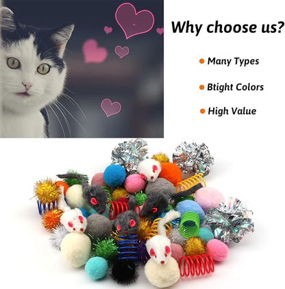 60 Pack Cat Toys - Assorted Kitten, Mouse, Crinkle & Pom Pom Balls