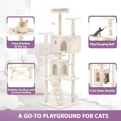70 Inches Cat Tower for Indoor Cats Multi-Level Cat Condos XL Cat Tree Climbing Tower with Scratching Posts, Hanging Toys, Beige