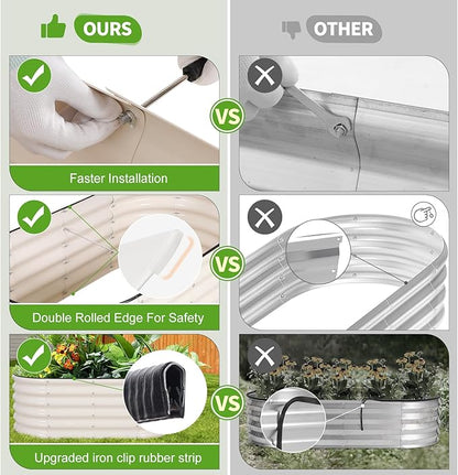 Galvanized Raised Garden Bed - 4x2x1.4FT Metal Planter Boxes Outdoor | Oval Steel Raised Bed Kit for Gardening with Protective Tape, Gloves for Vegetables, Flower, Herb (White)