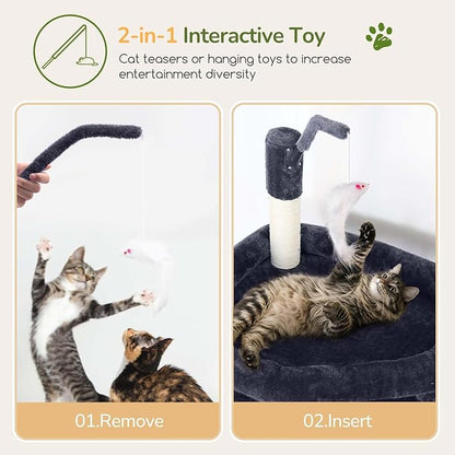 Globlazer Large Cat Tree Tower, Tall Cat Tree Condos for Indoor Cats Large Adult Cat Climbing Tower with 2 Spacious Caves, Oversized Top Perch, Big Hanging Basket, Cat Teaser Wand, F74B, Dark Grey