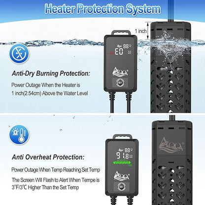 AQQA Fish Tank Heater 1200W for 170-290 Gallon Submersible Aquarium Heater Pond Heater Thermostat Heater with Intelligent Protection System for Freshwater and Saltwater (AQ136-1200W for 170-290Gal)