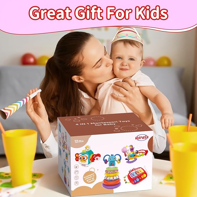 4 in 1 Baby Toy for 6 9 12 18 Month, Learning Toys for Babies 6-12 Months, Baby Busy Cube, Stacking Sorter, Pull String & Piano Xylophone Travel Toy, Birthday Gift for 1 2 Year Old