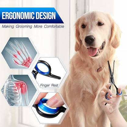 Gimars Dog Grooming Scissors Kit Professional 4CR with Safety Round Tip, 5 in 1 Heavy Duty Titanium Coated Thinning & Curved & Straight Shears