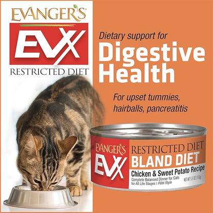 Evanger's EVX Restricted Diet Bland Diet Canned Cat Food – 24 Count, 5.5 oz Each – Chicken & Sweet Potato Recipe with Prebiotics & Postbiotics for Digestive, Microbiome & Gut Health Support