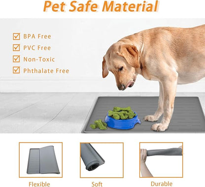 24" x 16" Dog Food Mat, Silicone Pet Mats for Food and Water, Nonslip Pet Feeding Mats for Floors, Dog Cat Bowl Mat with Raised Edges, Black