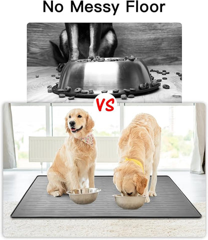 39.4"x29.5" Large Pet Food Mat, Silicone Dog Mats for Food and Water, Nonslip Pet Feeding Mats for Floors,Dog Cat Bowl Mat with Raised Edges, Light Gray