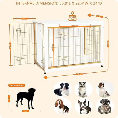 DWANTON Dog Crate Furniture with Cushion, Wooden Kennel Table with Double Doors, Indoor Dog House, Large Size, 38.5" L, White