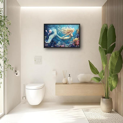 Extra Large Framed Mermaid Wall Art,Oversized Undersea Ocean Wall Decor,Colorful Coral Reefs Pictures for Living Room,Elegant Canvas Print Painting Modern Artwork Bedroom Bathroom 36L x 24W