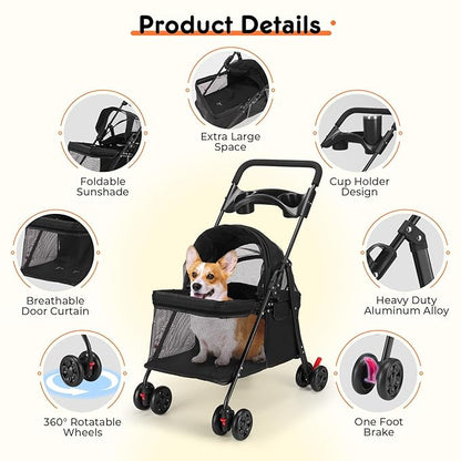 Foldable Pet Stroller for Small/Medium Pets up to 22 lbs - Lightweight 4-Wheel Design with Sun Canopy, Storage Bag & Breathable Mesh