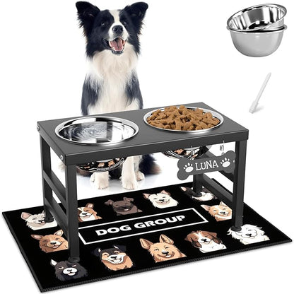 Elevated Dog Bowls, 10" Tall Height, Raised Bowl Stand with 2 Stainless Steel Food Feeder Bowls (58oz) and Spill-Proof Mat for Medium Large and Small Breeds