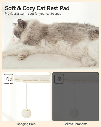 FourFurPets 72.4" Cat Tree, Modern Cat Tower for Indoor Cats, Multi-Level Cat Condo with Caves, Tall Cat Tree with Cat Scratching Board, Wooden Cat Tower with Large Perch, Removable Pads, White