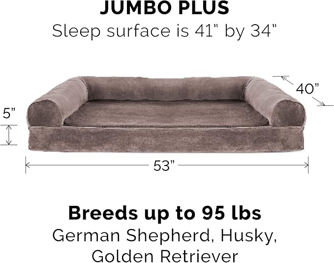 Furhaven Orthopedic Dog Bed for Large Dogs w/ Removable Bolsters & Washable Cover, For Dogs Up to 125 lbs - Faux Fur & Velvet Sofa - Driftwood Brown, Jumbo Plus/XXL