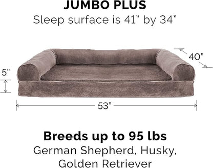 Furhaven Cooling Gel Dog Bed for Large Dogs w/ Removable Bolsters & Washable Cover, For Dogs Up to 125 lbs - Faux Fur & Velvet Sofa - Driftwood Brown, Jumbo Plus/XXL