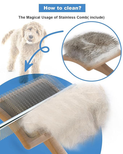 Dog Slicker Brush for Large Dogs, Professional Doodles Brush for Poodles, Goldendoodles and Labradoodles - Easy to Remove Tangles, Mats and Fluff - 3.8"x3.2" Head, 8" Wood Body