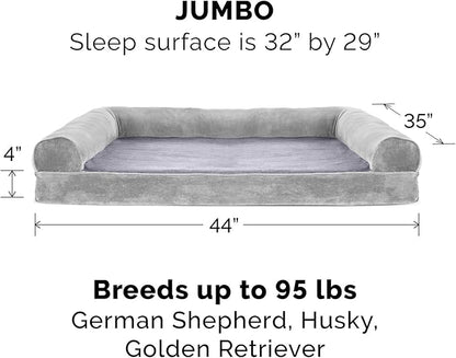 Furhaven Cooling Gel Dog Bed for Large Dogs w/ Removable Bolsters & Washable Cover, For Dogs Up to 95 lbs - Faux Fur & Velvet Sofa - Smoke Gray, Jumbo/XL