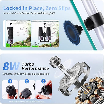 AQQA Electric Sponge Filter for Aquariums - Dual Bio & Mechanical Filtration, 8W 80 GPH Water Pump with Oxygenation & Water Circulation, Fits 15-55 Gallon Fish Tanks (110V/60Hz)