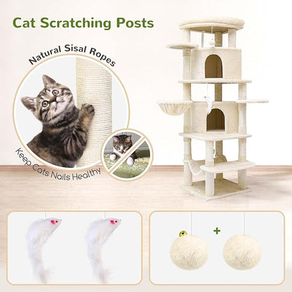 Globlazer Corner Cat Tree for Large Cats, 66inch Tall Curved Series Large Cat Tower for Multiple Indoor Cats with 6 Scratching Posts, 2 Spacious Cat Condos, Hammock, Hanging Basket, C66, Beige