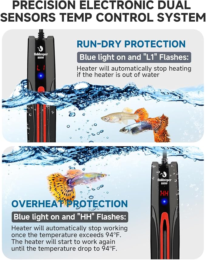 fishkeeper 800W Submersible Aquarium Heater for 80-220 Gal Fish Tanks (Run-Dry/Overheat/Low-Temp Protection)(Precision Electronic Smart Thermostat)(Adjustable Temperature) Ultra-Safe Fish Tank Heater