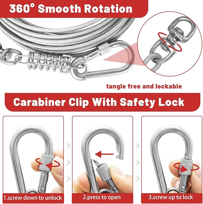 Dog Tie Out Cable 10/15/20/25/30FT Dog Run Cable Rosy Pink/Blue/Purple/Silver/Red/Green/YellowTie Out Cable for Large Dogs Heavy Duty for Outside Hold Large Dogs Up to 250LBS