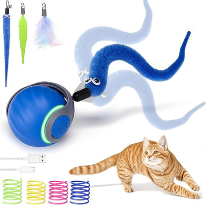 AIERSA Interactive Cat Toys for Indoor Adult Cats, Automatic Self-Play Cat Ball Toy for Kitten to Keep Them Busy, Electric Speed Tail Moving Cat Toy with 3 Tails and 4 Springs (Blue)
