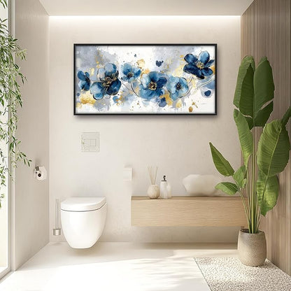 Extra Large Framed Abstract Blue Flower Wall Art,Oversized Golden Grey Floral Wall Decor Pictures for Living Room,Canvas Print Painting Modern Artwork Bedroom Office Bathroom Home Decor 60L" x 30W"