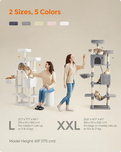 Feandrea Cat Tree, 66.1-Inch Large Cat Tower with 13 Scratching Posts, 2 Perches, 2 Caves, Basket, Hammock, Pompoms, Multi-Level Plush Cat Condo for Indoor Cats, Cream White UPCT165T01