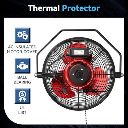 12 IN High Velocity Wall Mount Fan, 3 Speed Industrial Wall Fan with Sealed Motor, 2500 CFM Adjustable Air Circulator for Garage, Commercial, Greenhouse, Warehouse & Gazebo Use, UL Listed