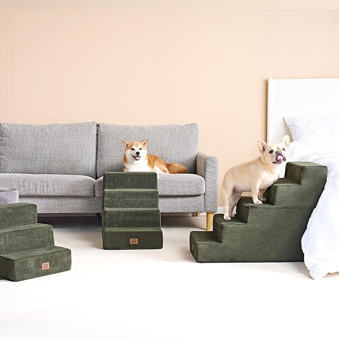 EHEYCIGA Dog Stairs for High Bed 22.5" H, 5-Step Dog Steps for Bed, Pet Steps for Small Dogs and Cats, Non-Slip Balanced Pet Ramp Indoor, Olive Green