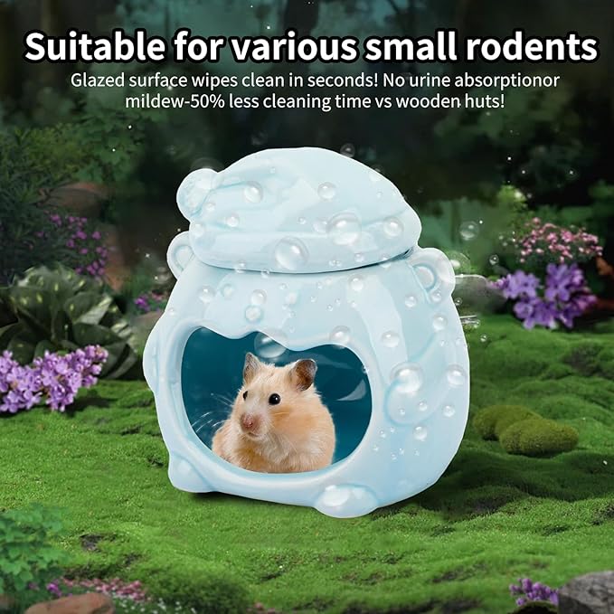 3-in-1 Bear Shaped Ceramic Hamster House - Cool House for Syrian Dwarf Hamsters, Mice, Gerbils， Small Pets, Top for Hamster Food, Removable Lid for Ice Packs, Cute Cool Hideout for Summer（Blue）