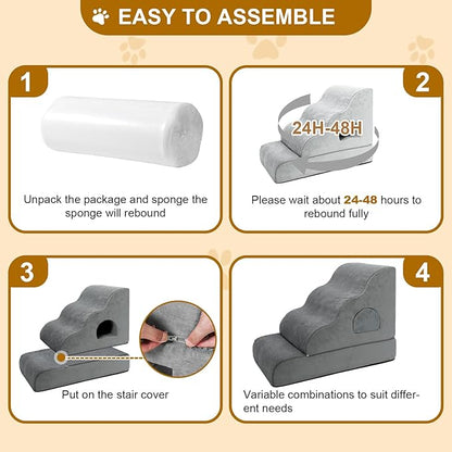 Dog Stairs for Small Dogs 19.7" H, 4-Step Dog Steps for High Bed, High-Density Foam Curved Pet Stairs with Non-Slip Removable Washable Cover to Get on Bed