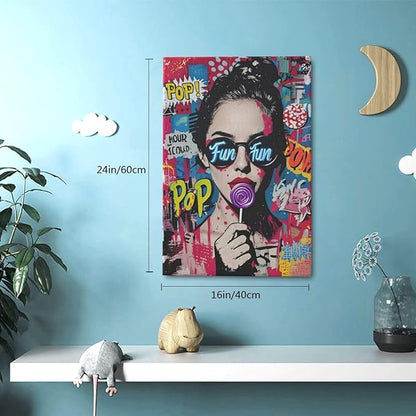 Fashion Women Wall Art Glam Modern Artwork for Girls Banksy Street Graffiti Pop Art Canvas Pictures Painting Print Framed Decorations Gifts for Bedroom Living Room Office 16"x24"