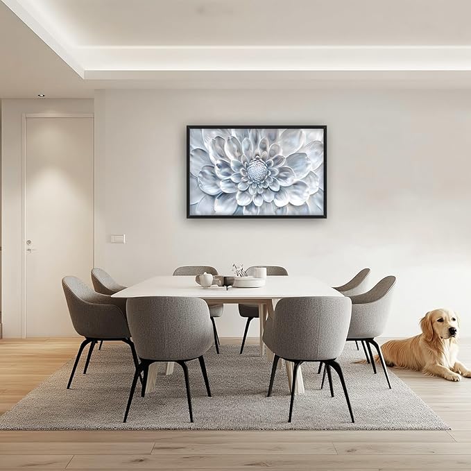 Abstract Flower Large Wall Art White Silver Floral Pictures Wall Decor Neutral Canvas Print Painting Artwork for Bathroom Living Room Bedroom 36L" x 24W"