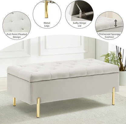 45.6 Inch Velvet Storage Bench Upholstered Tufted Settee Ottoman Bench with Storage, Bed End Bench with Soft Close Lid, for Bedroom, Living Room, Entryway, Rectangular Accent Bench, Beige