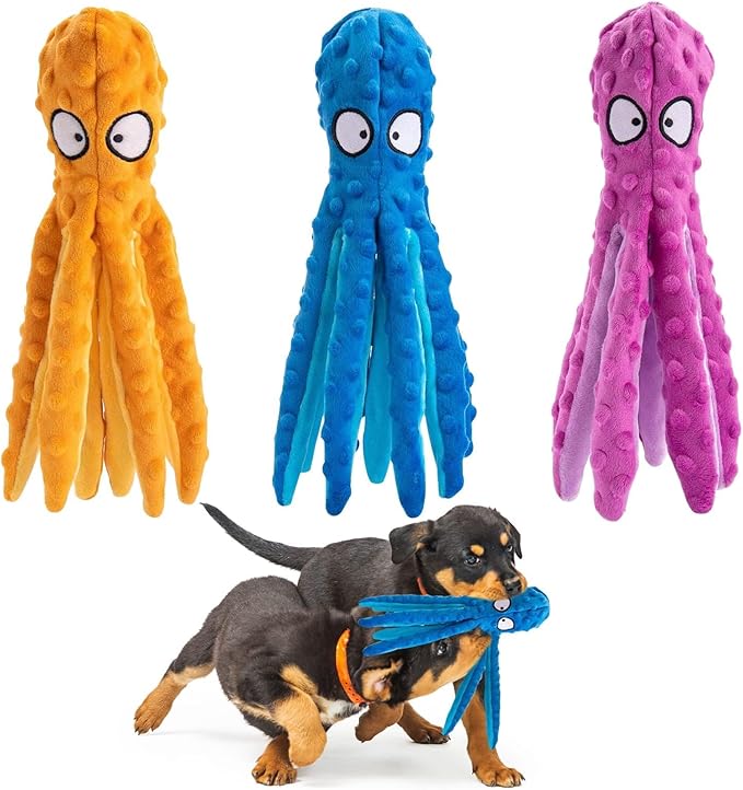Alphatool Squeaky Dog Toys - 3pcs Soft Plush Chew Crinkle Puppy Toys to Keep Them Busy, Octopus No Stuffing Interactive Essentials for Teething Small Medium Pets Dogs Gifts