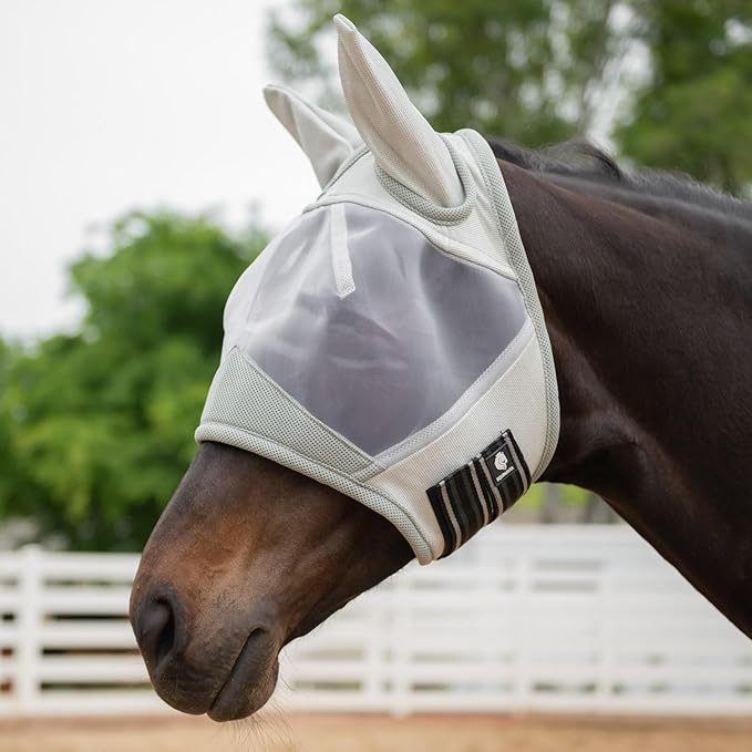 Equinavia Algard Soft Mesh Horse Fly Mask with Ear Protection and 45 UPF Rating | No Eye Irritation & UV Protection - Silver - Warmblood