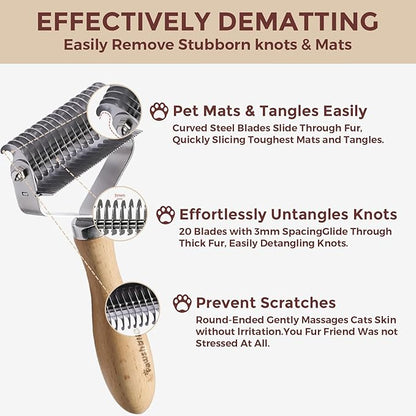 3-in-1 Professional Pet Shedding Dematting Comb - Deshedding Undercoat Rake for Dogs with Stainless Steel Blades Metal Pet Brush with Wood Handle Matted Hair Detangling Thinning and Shedding