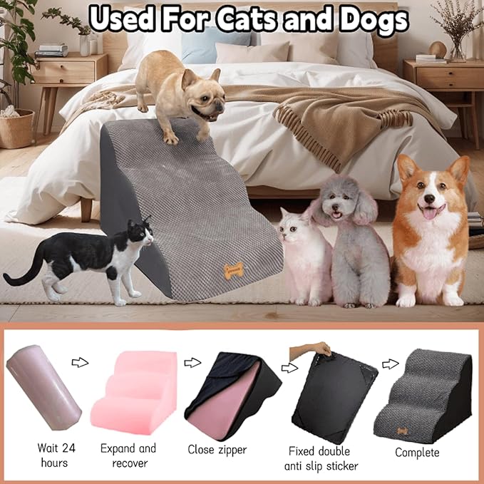 3-Step Dog Stairs for High Beds & Couches Multi-Step Non-Slip Pet Steps with Balanced Ramp Indoor 2 3 4 5 Step Stairs for Small to Large Dogs and Cats Non-Slip Stickers 30D Grey