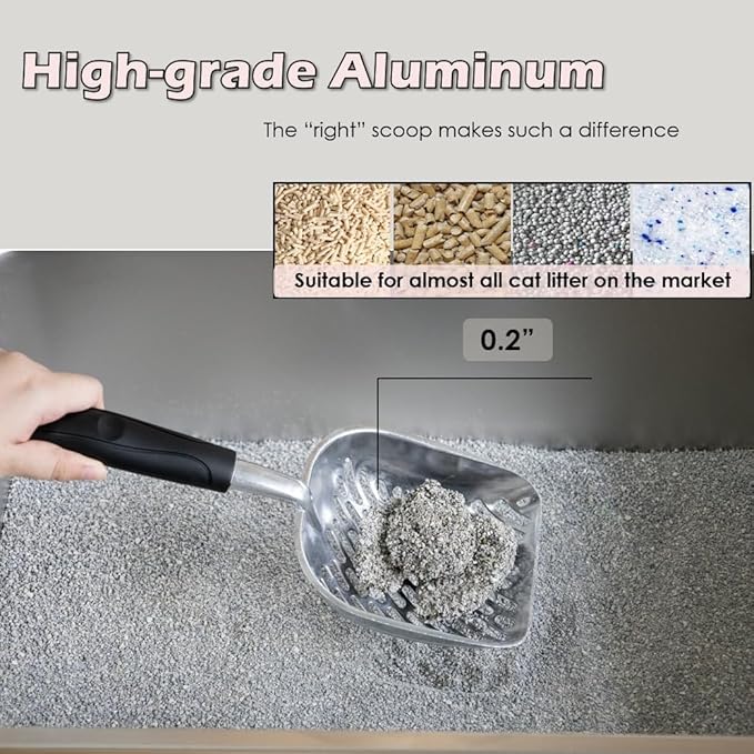 Full Metal Cat Litter Scoop with Holder – Heavy Duty Litter Scooper & Speed Sifter – Aluminum Cat Poop Scooper Captures All Clumps – Washable Stand for Easy Cleaning