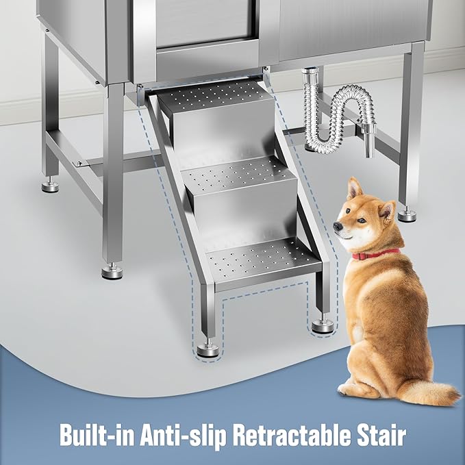 38" Pet Dog Bathing Station W/Ramp, Professional Stainless Steel Dog Grooming Tub W/Soap Box, Faucet,Rich Accessory, Dog Bathtub for Large,Medium,Small Pets, Washing Sink for Home,L-RAMP