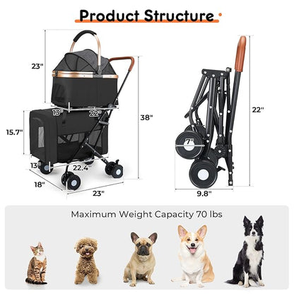 Double Pet Stroller for Small Medium Dogs - 4 In1 Dog Stroller for 2 Pets, Detachable and Foldable with 360°Rotating Wheels, Easy Assembly and Compact Size
