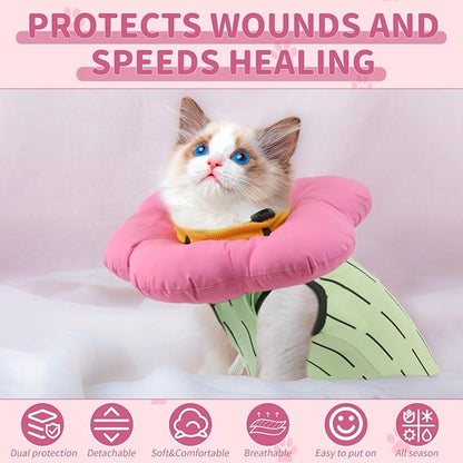 EMUST Cute Cat Recovery Suit and Adjustable Flower Cone Collar Set - Soft Surgical Suit for Abdominal Wounds, Cat Cones After Surgery for Female Kittens Under 4lb (Green)
