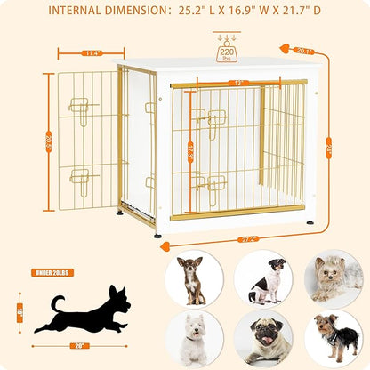 DWANTON Dog Crate Furniture with Cushion, Wooden Kennel Table with Double Doors, Indoor Dog House, Small/Medium/Large Size, 27.2" L, White