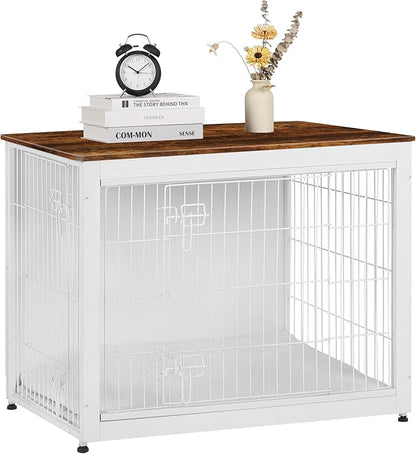 DWANTON Dog Crate Furniture with Cushion, Wooden Kennel Table with Double Doors, Indoor Dog House, Large Size, 38.5" L, White+Rustic Brown