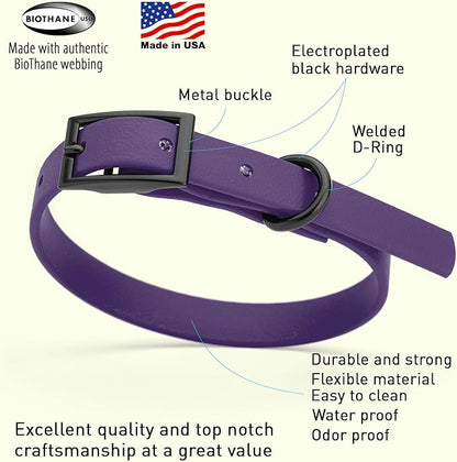 Dogline Biothane Waterproof Dog Collar Strong Coated Nylon Webbing with Black Hardware Odor- Proof for Easy Care Easy to Clean High Performance Fits Small Medium or Large Dogs, Violet Purple